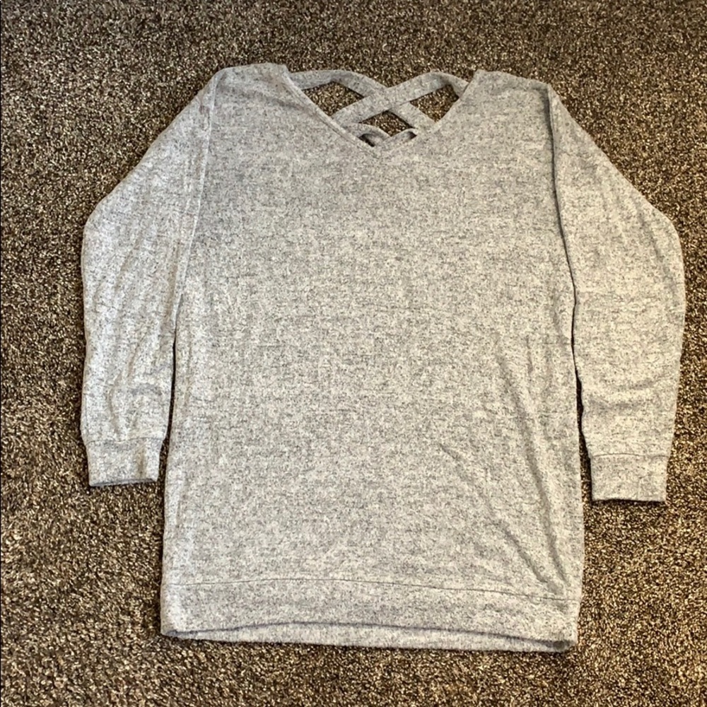 Gray tunic sweater with open back detail